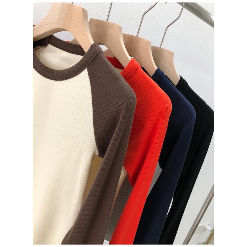 Женский хлопковый топ с высокой эластичностью, осенне-зимний, винтажный, контрастный, с высокой талией, длинными рукавами и регланами