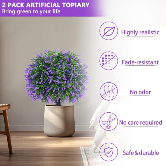 Artificial Topiary Ball with Lavender Flowers 16 Inches UV Resistant Faux Shrubs with Ground Spike Fake Evergreen Plant Artificial Brush Garden Decor