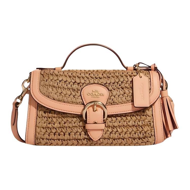 New COACH Kleo Paper Straw With Leather Handbag Shoulder Bag Crossbody Bag Small Size Women's Linen & Pink CA154-IMUDX