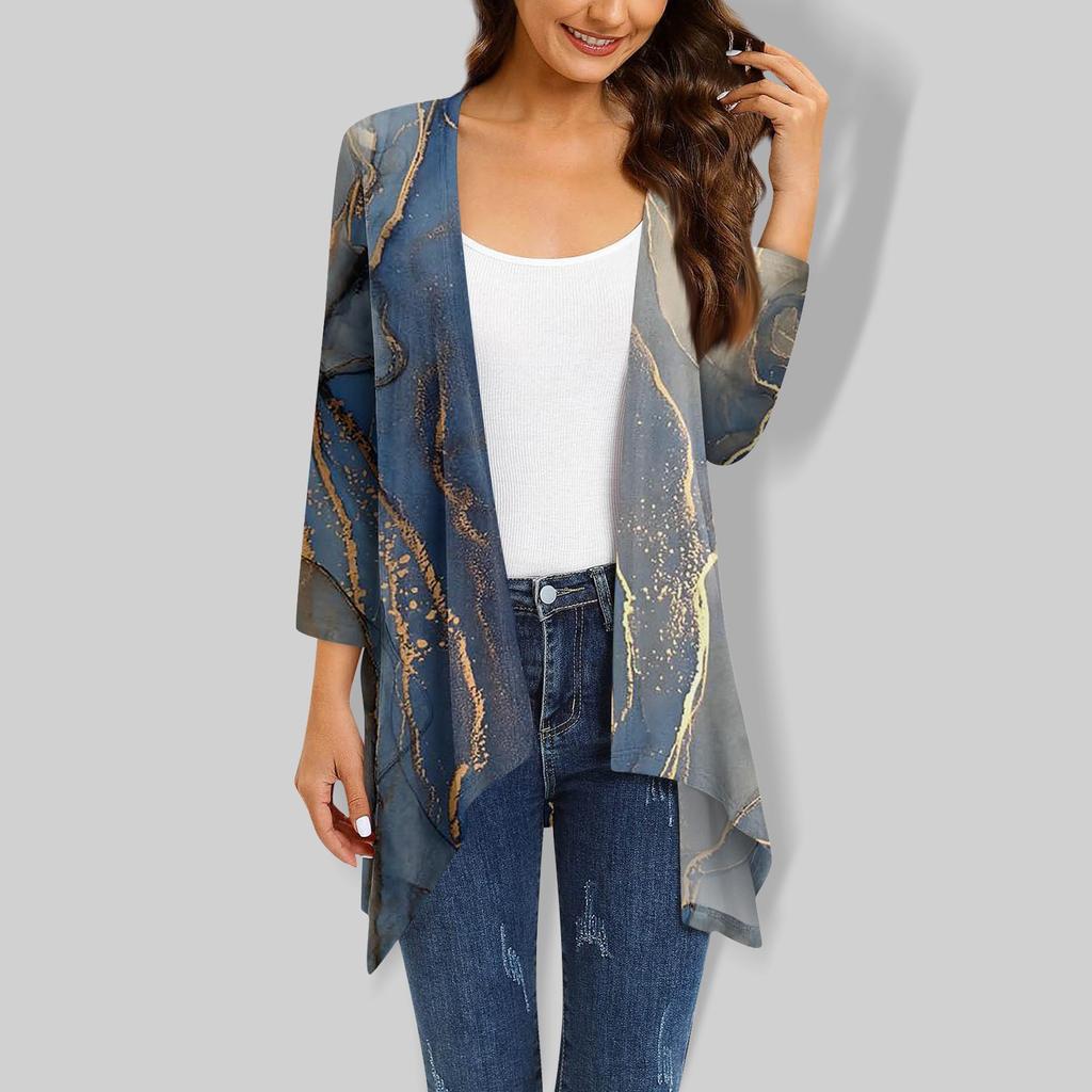 Женский кардиган неправильной формы с принтом, рукавами три четверти и карманной курткой