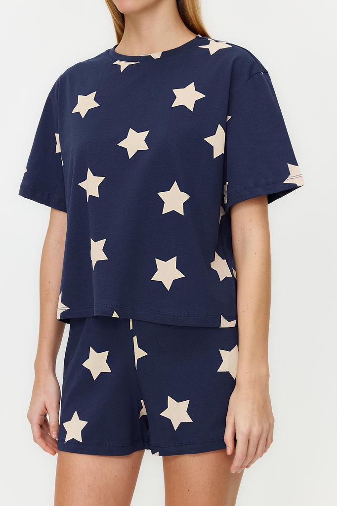 Women's Fashion New Pajama Set Light Pink 100% Cotton Star Patterned Tshirt-Shorts Knitted Pajama Set