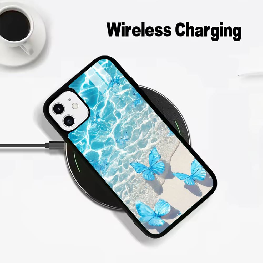 Blue Butterfly Ocean wave For IPhone17 16 15 14 13 12 11 Plus Pro Max Plus Wireless Charger Phone Case