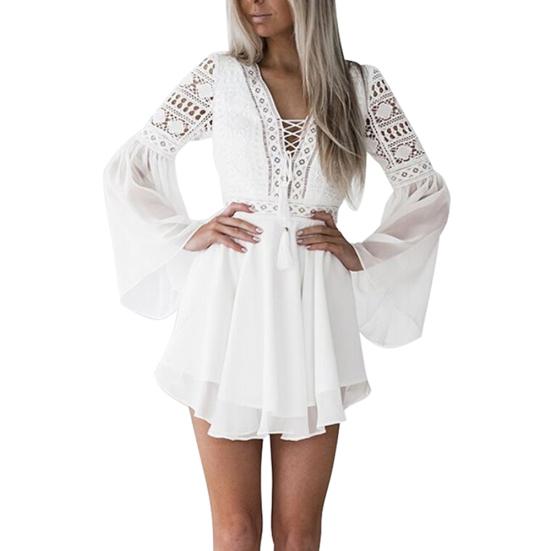 Women Mini Dress V Neck Long Flared Sleeve Crochet Hollow Out Chiffon Bandage Party Dress
