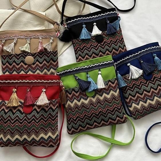Ethnic Style Canvas Small Shoulder Bag With Wave Patterns And Decorative Tassels For Daily Use
