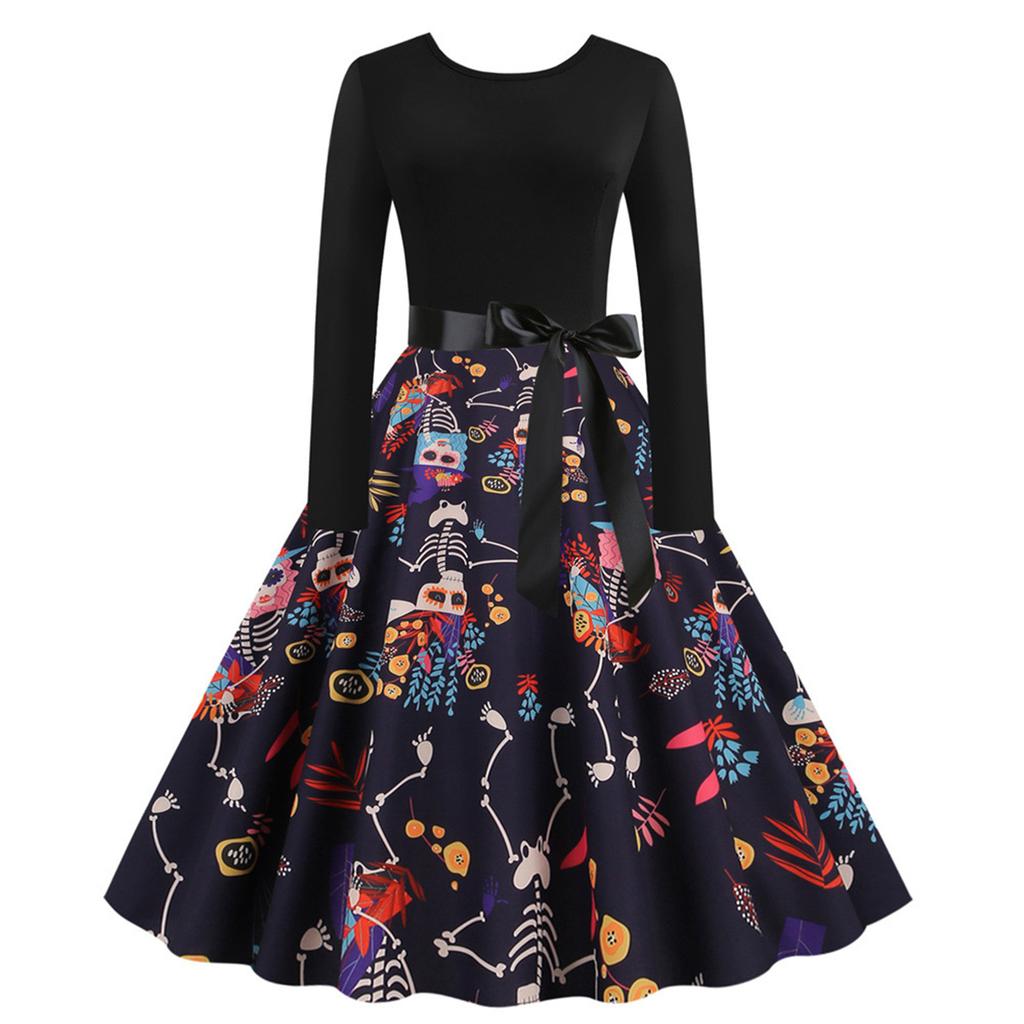 Женская мода с длинным рукавом и круглым вырезом, повседневное платье с подолом на Хэллоуин