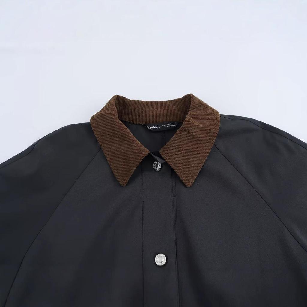 2024 Winter Women's European & American Style Corduroy Collar Waxed Leather Jacket