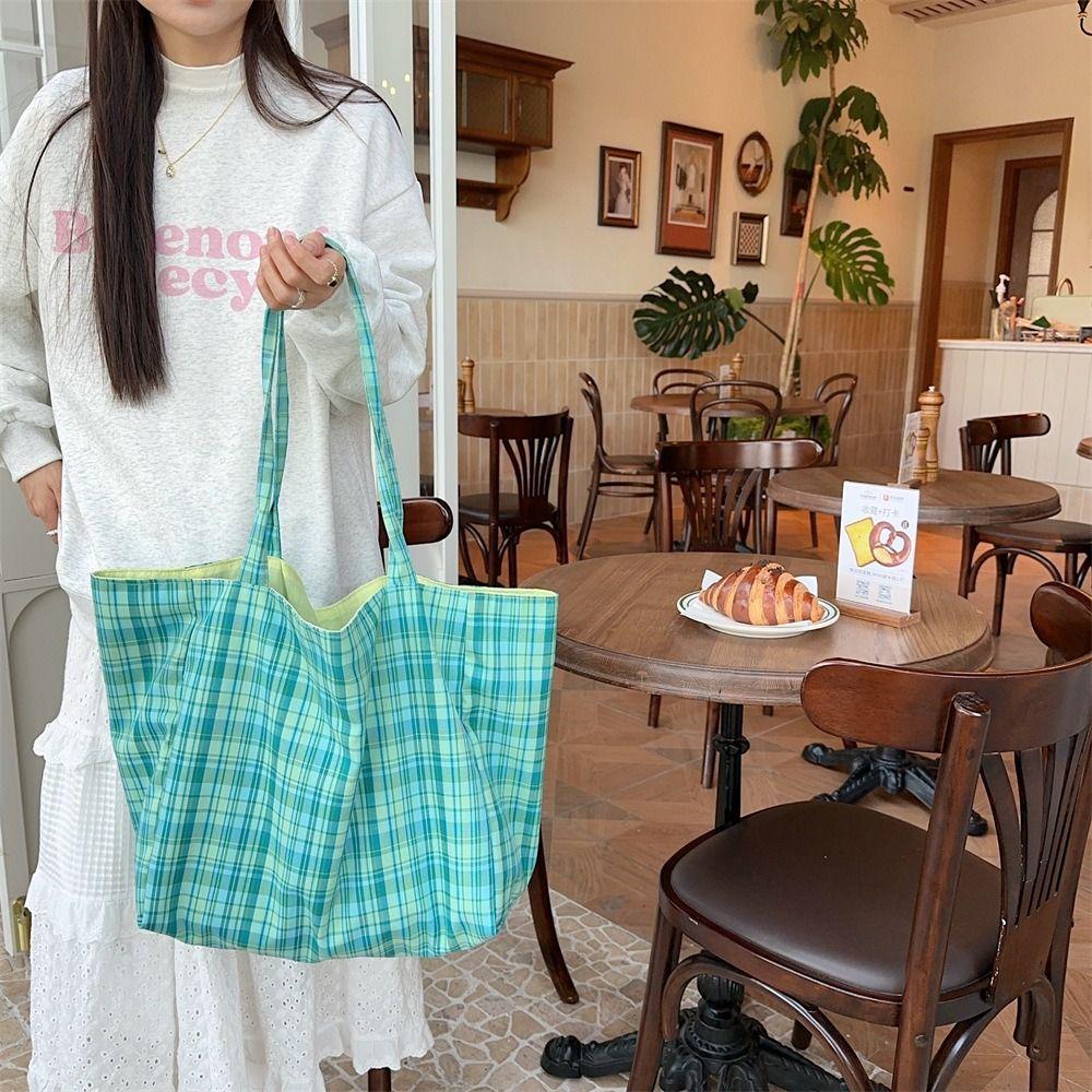 Travel Canvas Tote Bag Korean Style Women Handbag Fashion Plaid Shoulder Bag  Girls