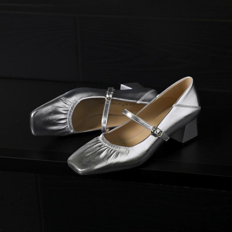 Silver sheepskin square head thick heel single shoes women's medium heel soft leather one-word buckle Mary Jane shoes spring and autumn