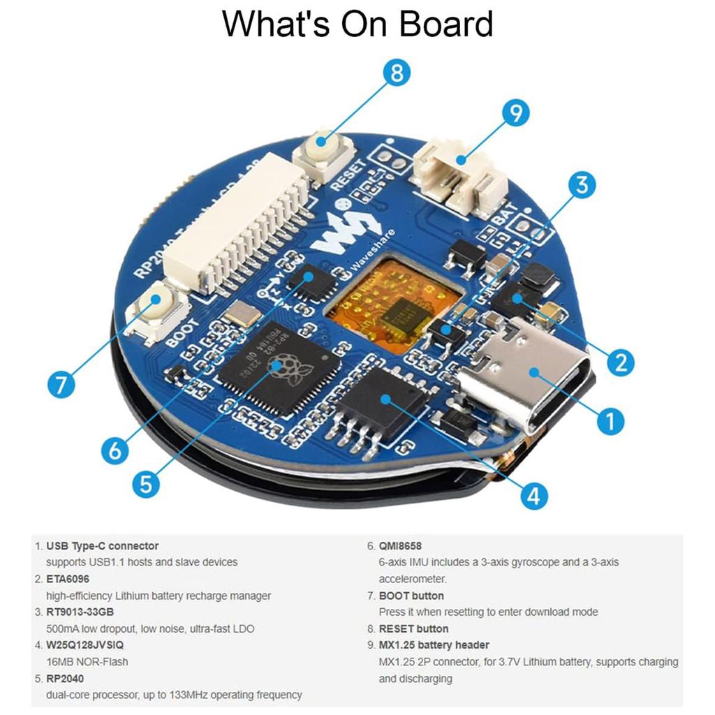 Макетная плата RP2040 с сенсорным экраном 1,28 дюйма. Мощная плата MCU. Двухъядерный процессор Arm Cortex M0+.