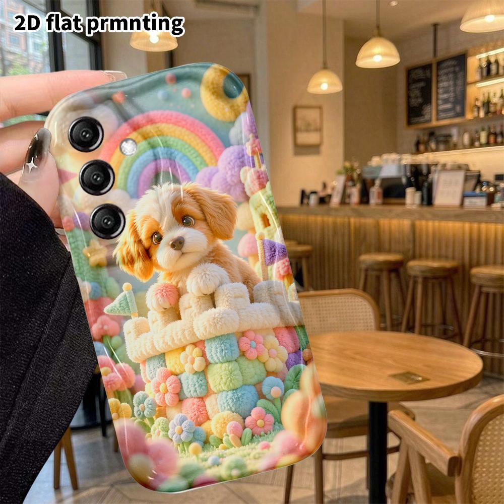 Phone case: 2D flat, suitable for Samsung Galaxy A34 A35 M05 M06 S20 S22 S21 FE Plus 5G protective case, puppy in a rainbow castle, perfect Christmas