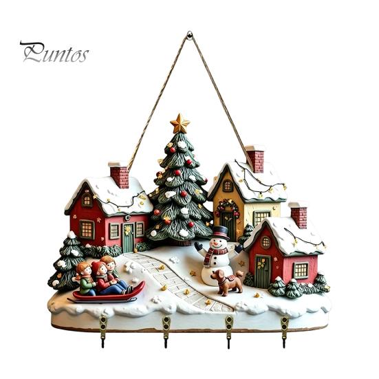 Decorative Hanging Hook for Entryway Christmas Winter Village Wooden Wall Hanging, Snow House Snowman Plaque, 4 Key Holder Mount Holder, Holiday Home