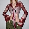 Women Tie Dye Hollow Out Turn-Down Collar Tops with Slim Fit Mesh Sheer T-shirt