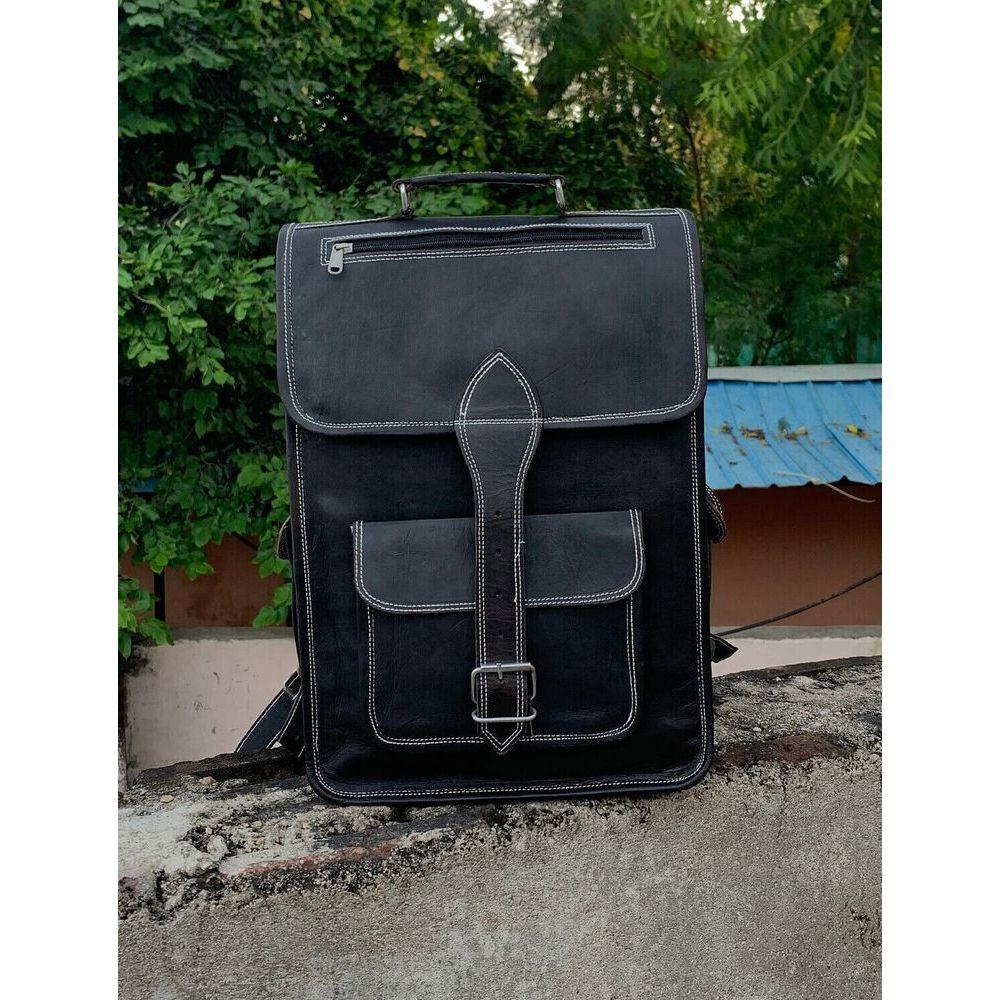 Черный ручной работы из козьей кожи, дорожный повседневный рюкзак для ноутбука, сумка через плечо