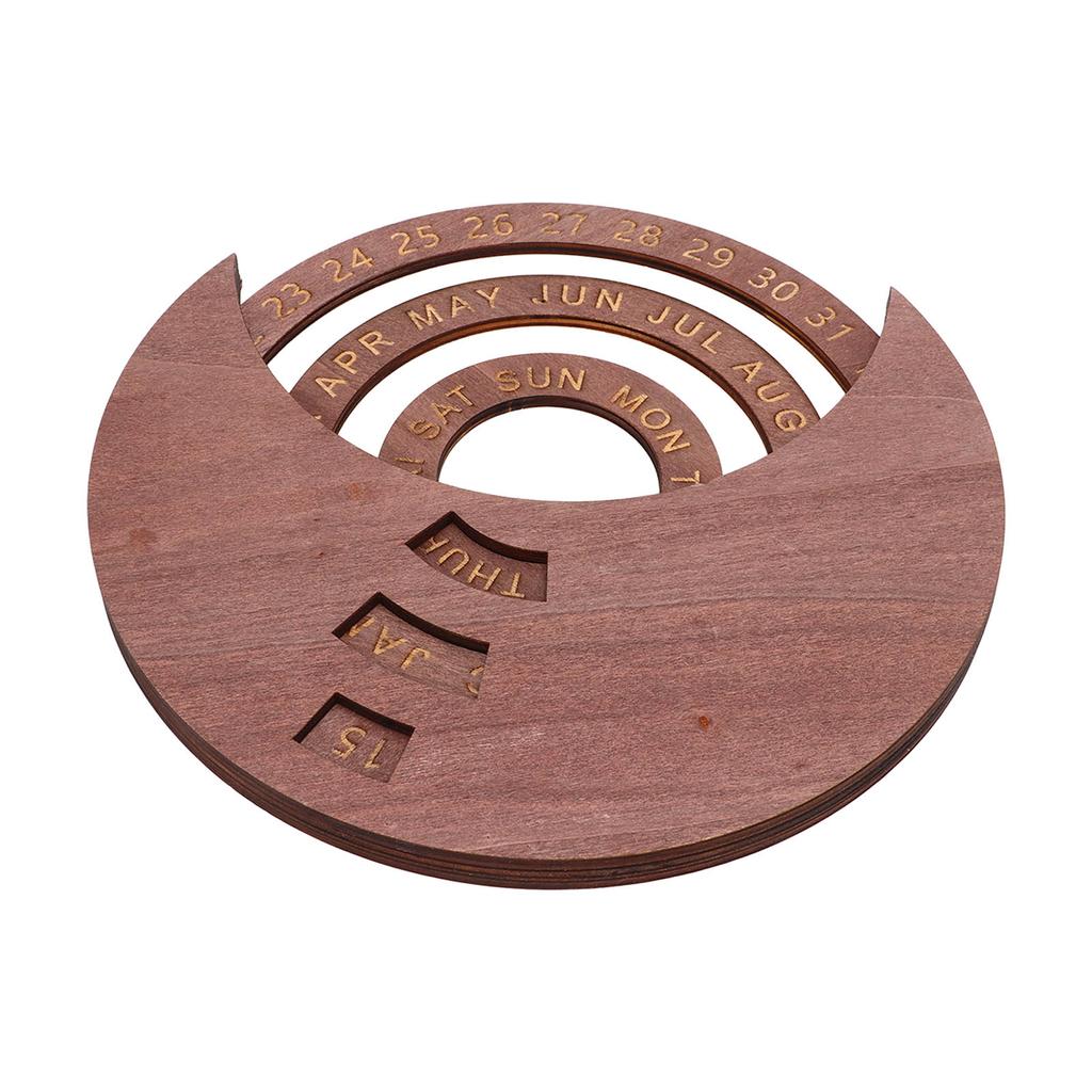 Wooden Disc Calendar Dark Brown Rotatable Disc Natural Wood Vintage Style Wooden Perpetual Calendar