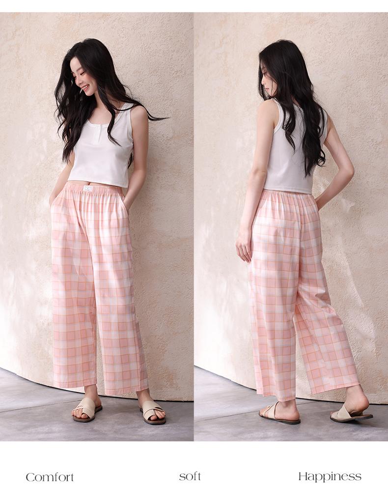 Xuan Liang [pure cotton] cool sleeping pants for women, spring and summer loose plaid cropped pants, long pants that can be worn as home pants