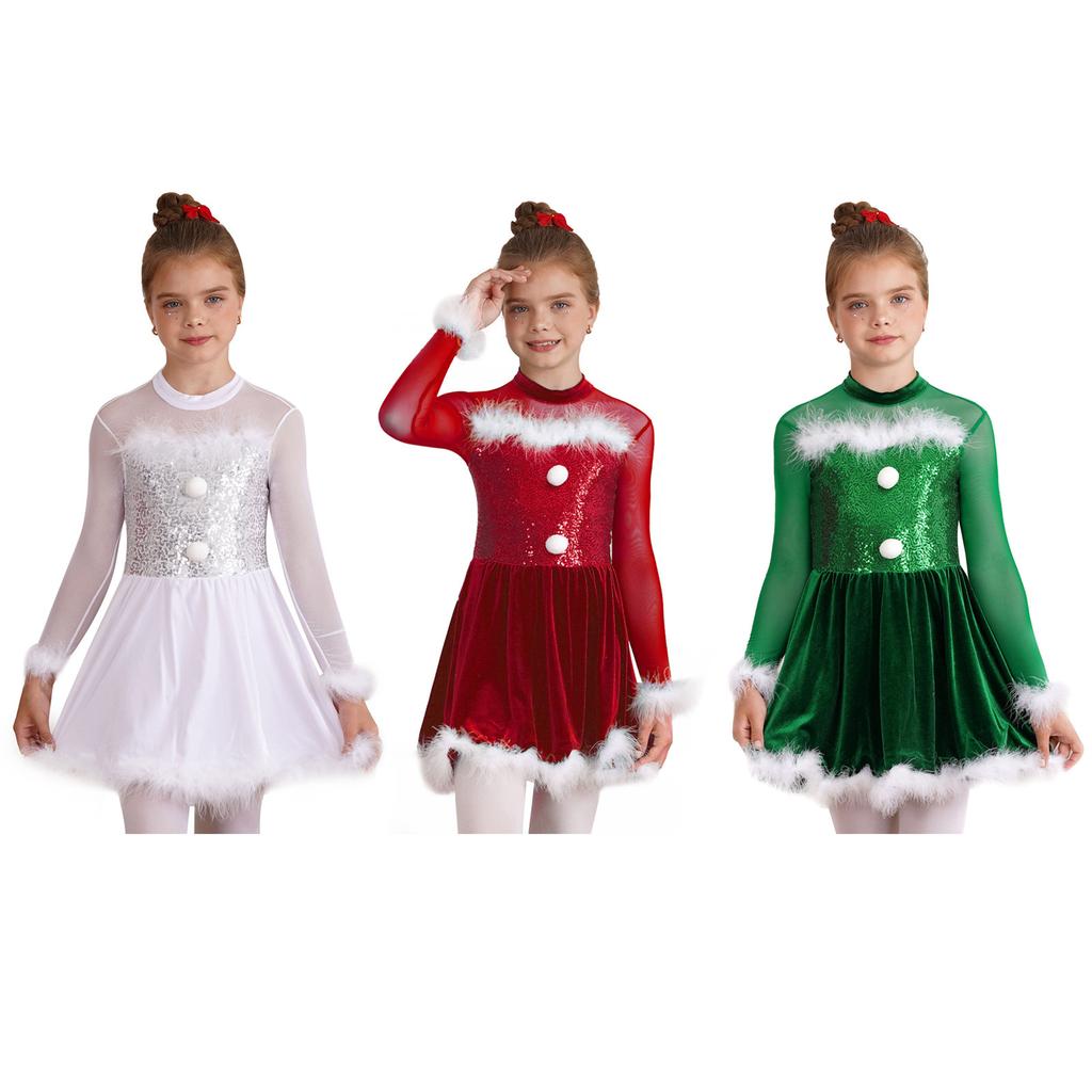 Girls Christmas Shiny Sequin Dance Dress Long Sleeve Feather Keyhole Back Jumpsuit Dress Performance Costume