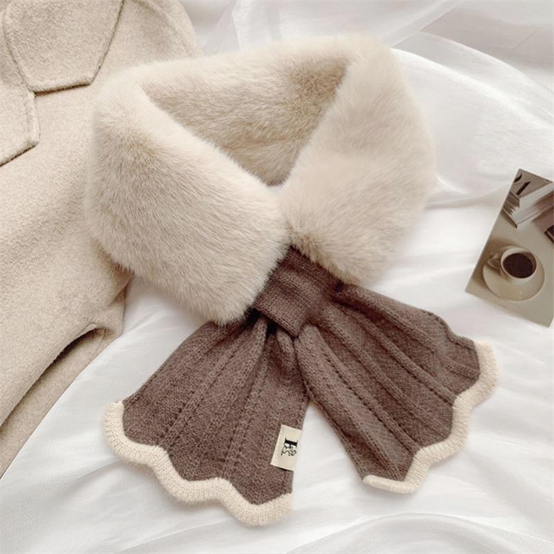 Winter Plush Scarf Woman Thick Fish Tail Wool Knit Cross Fur Collar Outdoor Cycling Neck Protect Cervical Spine Warm Scarve