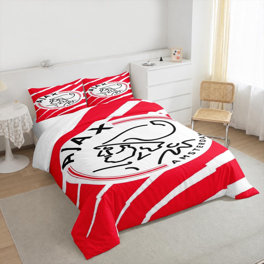 Ajax Amsterdam FC Crest Bedding set (1 duvet cover, 2 pillowcases, duvet not included) for Game Room Soccer Fan Gift Decor, Red Brush Stripe Art Print