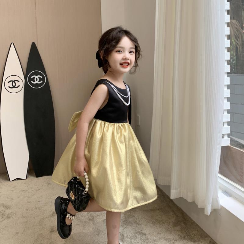 Лето 2023 года, вечернее платье черного и золотого цвета для девочек, детская одежда принцессы с галстуком-бабочкой, платье для выступлений с открытой спиной, жилет с бисером, платья