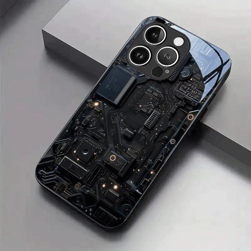 Черный Крутой Чехол для Телефона из Стекла с Рисунком Печатной Платы Для iPhone 17 Pro Max 16 15 14 13 12 11 Pro 16E 17Air 7 8 Plus XR XS X Чехол