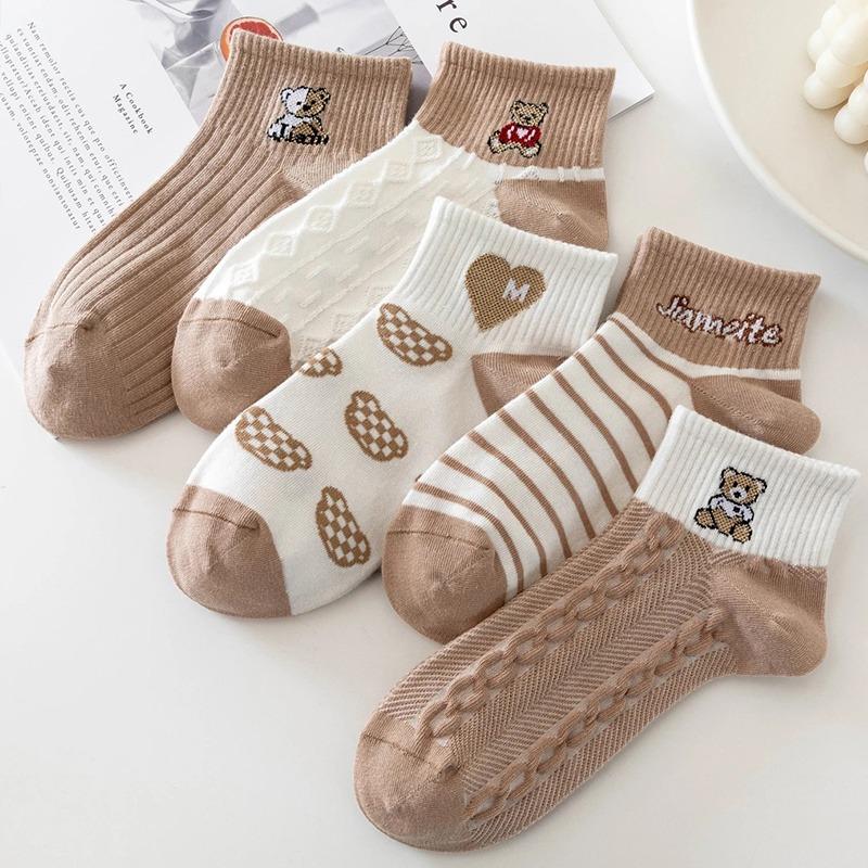5 Pairs/Lot Socks Women's Short Ankle Low Cut No-Show Foot Cute Bear Hearts Print Cotton Breathable Set Casual Retro