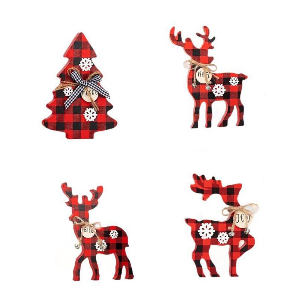 4Pcs Wooden Christmas Deer Ornament 3D Exquisite Red Plaid Reindeer Ornament Decorative Snowflake Reindeer Decorations