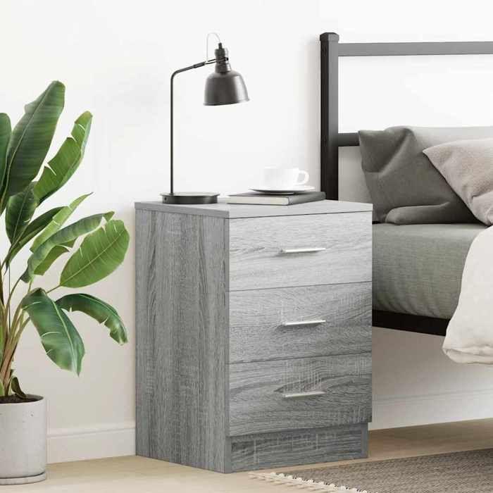 Table de chevet - Sonoma gris - 3 tiroirs - Bois d'ingénierie - 38x35x56 cm