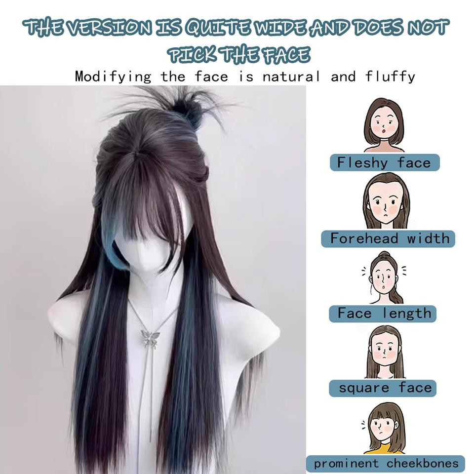 WTB Синие пряди Длинный прямой синтетический парик Женский Длинные волосы Коричневый Черный пряди Синий Пушистый Регулируемый Длинный прямой парик