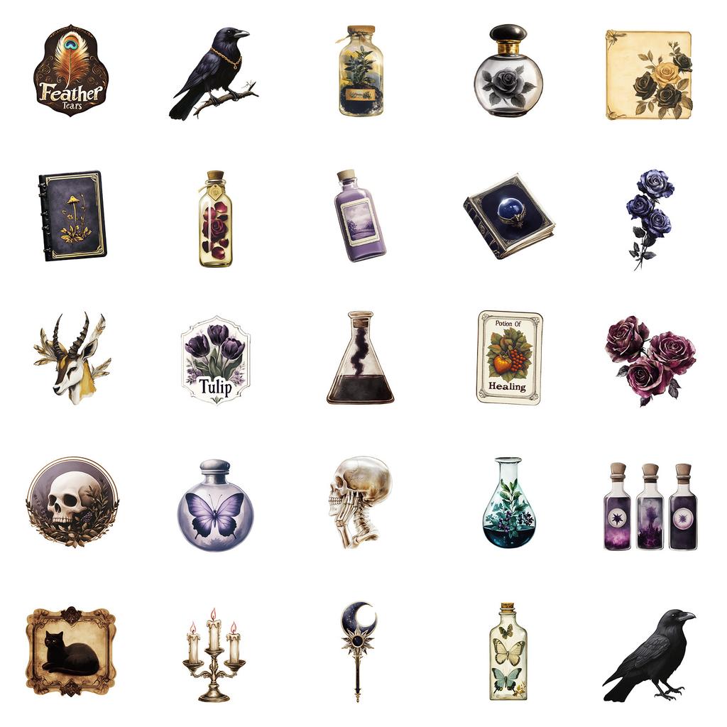 50 Pcs Dark Aesthetics Decorative Stickers Oil Lamp Crow Non Repeating Waterproof Stickers