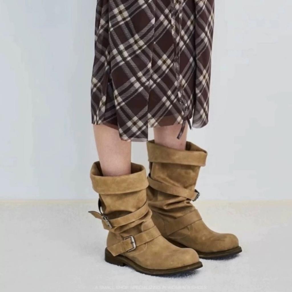 Cowhide Version~ Genuine Leather Polished Heavy Industry Old Stacking Boots Women's Belt Buckle Two Wear Retro Style Knight Boots Outdoor Boots