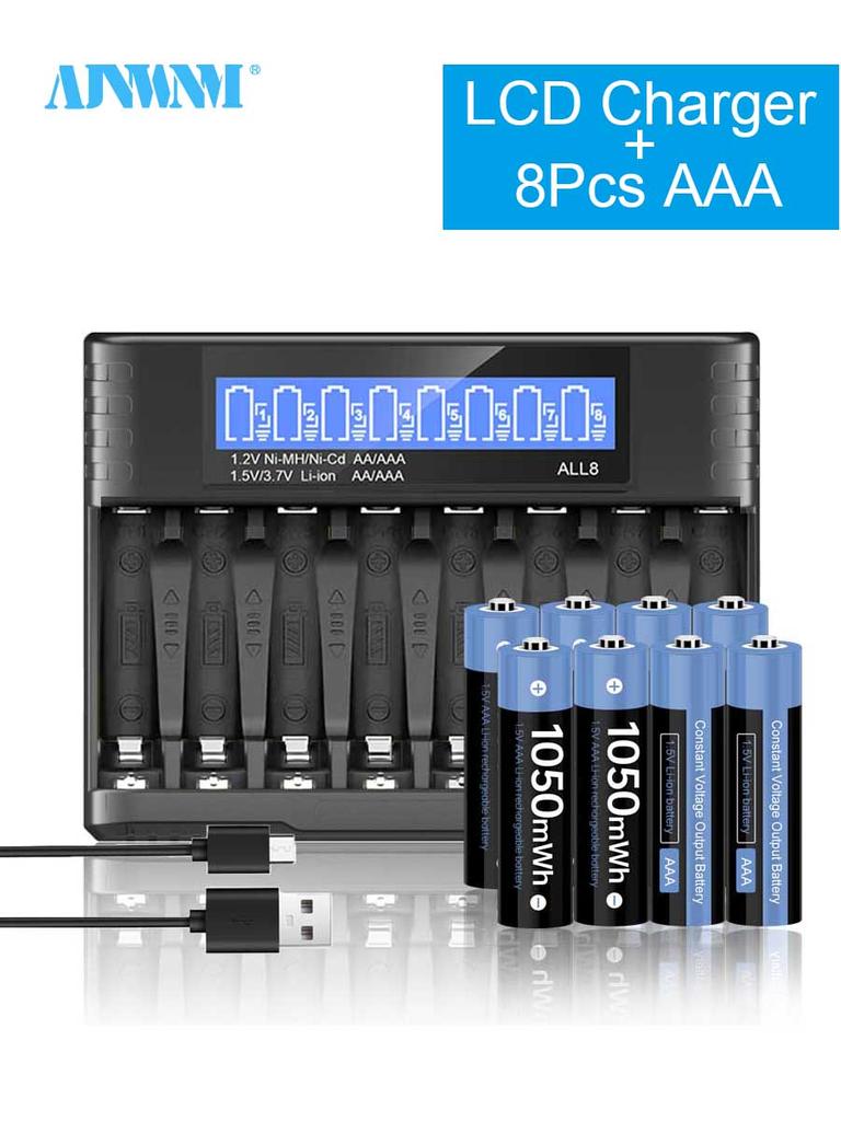 AJNWNM 1,5 В аккумулятор AAA перезаряжаемый 1050 мВтч аккумулятор AAA 1,5 В с ЖК-дисплеем зарядное устройство для 1,5 В литий-ионных аккумуляторов AA AAA