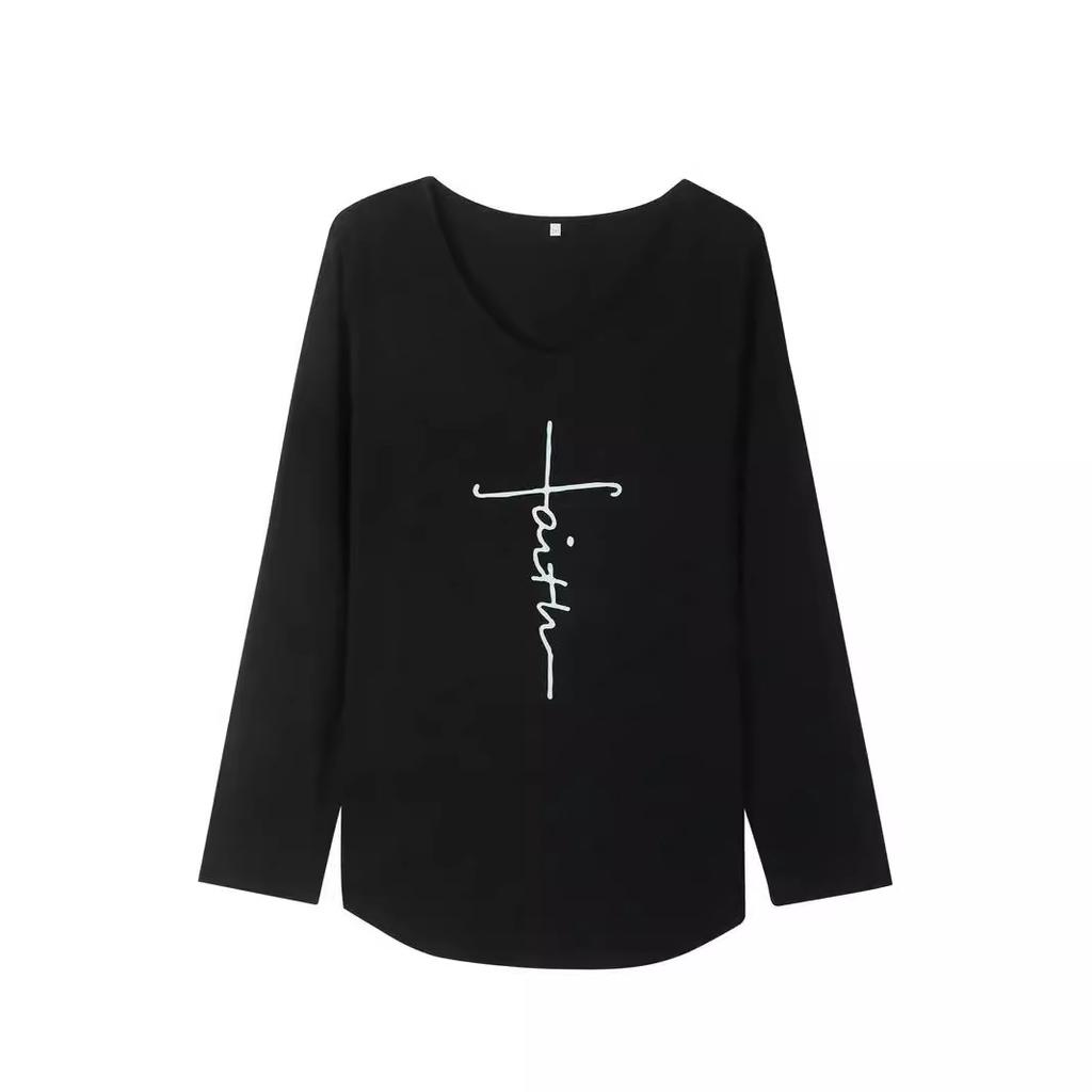 Animal Letters Feather Moon Printed 3D T Shirts Plus Size Black Tees Women Fashion V Neck Long Sleeve T Shirt