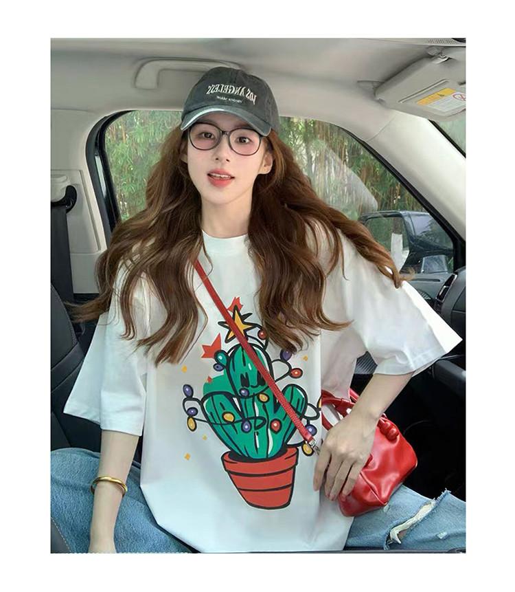 Loose casual daily versatile cartoon cactus print short sleeved T-shirt