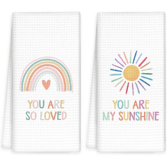 Boho Rainbow Kids Hand Towels Set of 2 - Kids Bathroom Decor Hand Towels, You are My Sunshine Dish Tea Towel for Nursery Kitchen Bathroom, Rainbow