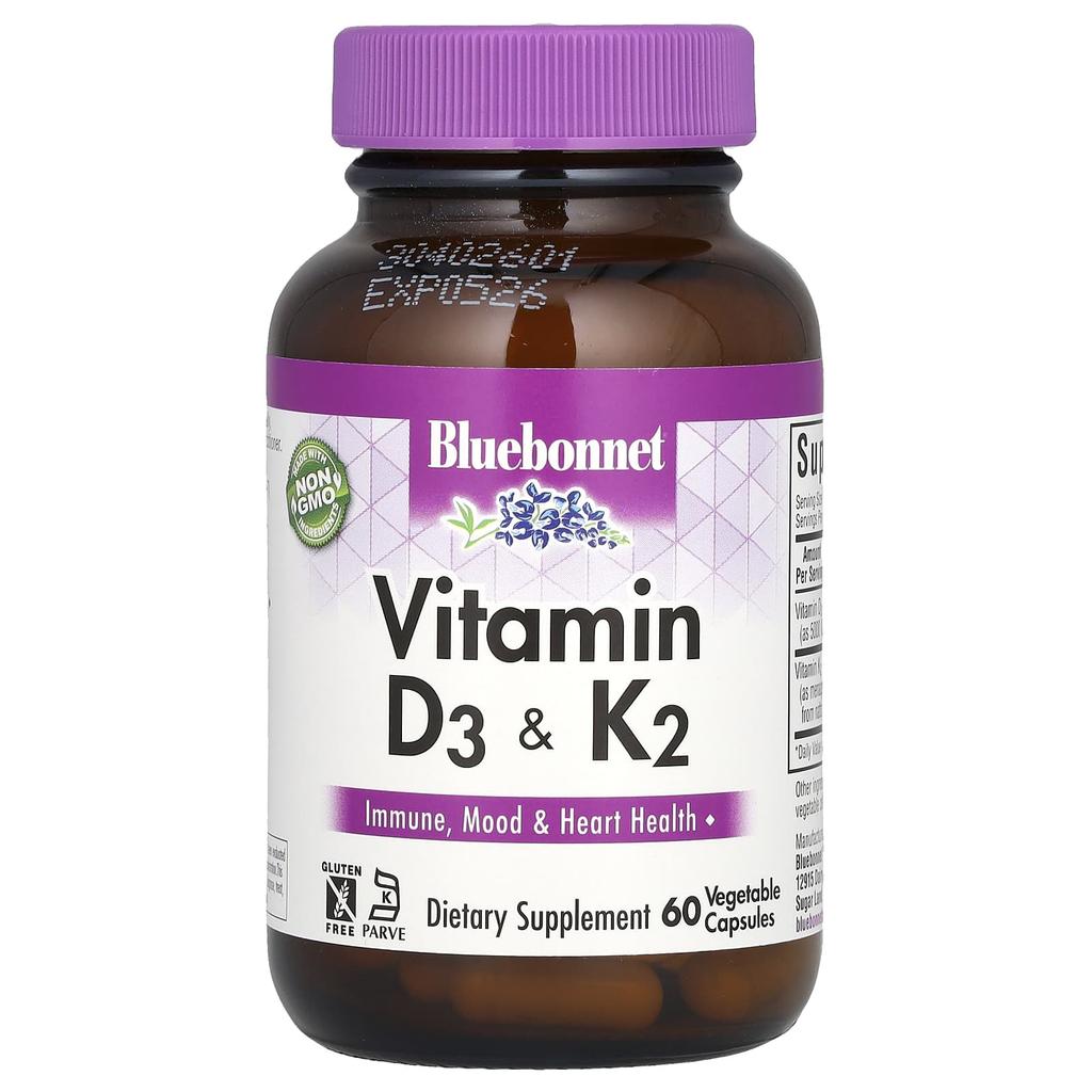 Bluebonnet Nutrition, Витамин D3 и K2, 60 вегетарианских капсул