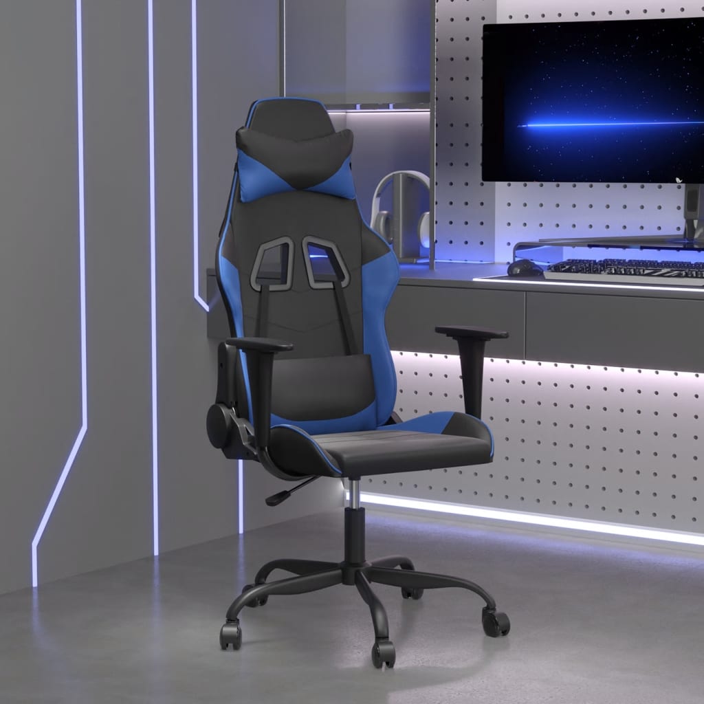 Gaming Chair with Massage Function Black and Blue Synthetic Leather