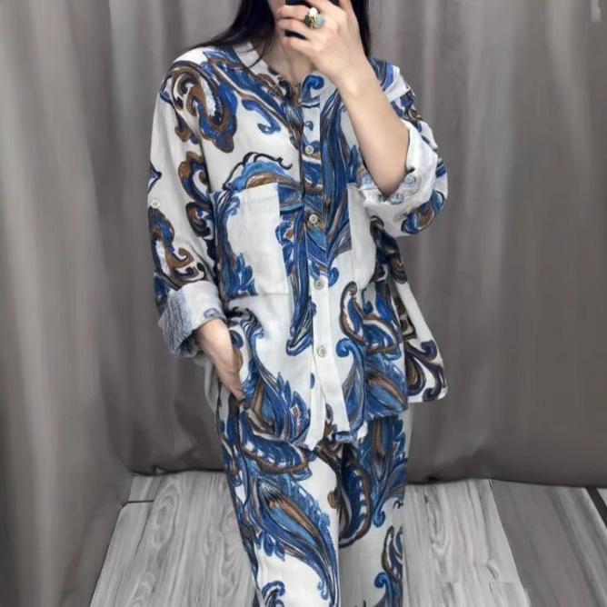 Женский комплект из 2 предметов с винтажным принтом, весенняя рубашка с V-образным вырезом и длинными рукавами, широкие брюки на шнуровке, летний костюм из 2 предметов на пуговицах