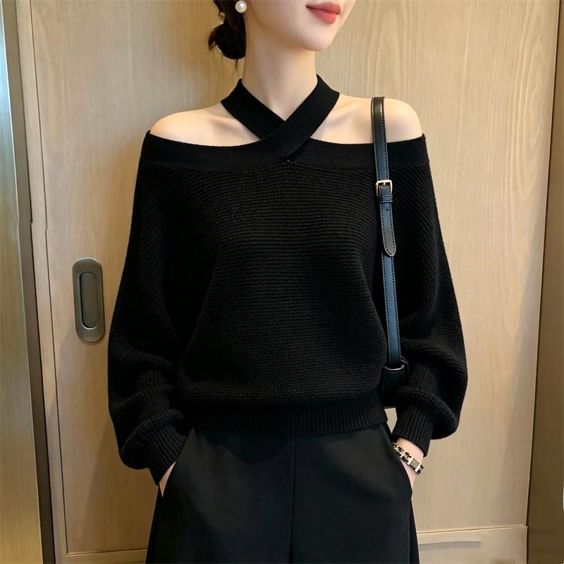 Women S Off Shoulder Halter Neck Pullover Knit Sweater
