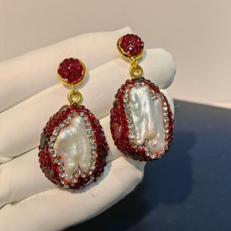 Серьги из турмалина с жемчугом барочной формы, инкрустированные красными чешскими бриллиантами, женские серьги, французский дизайн