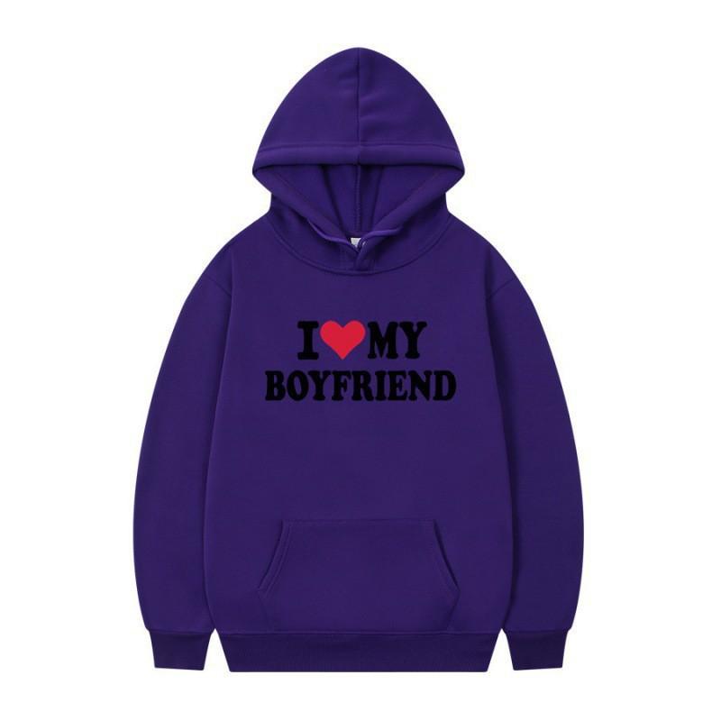 Mens Gothic Streetwear Hooded Sweatshirt With I LOVE MY BOYFRIEND Print Long Sleeve Loose Fit