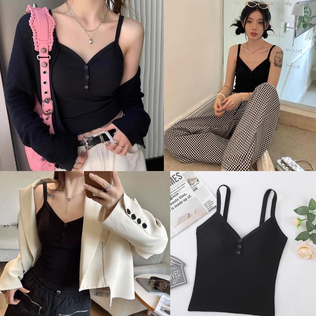 Ekieta Padded Camisole Underwear with Ultra Thin Wireless Tank High Women's Cups, Lightweight, Cups, Top, V-Neck, Elasticity, Soft, Breathable,