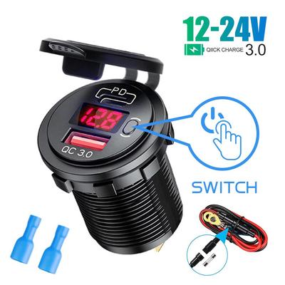 Автомобильное зарядное устройство, 12 В/24 В, 48 Вт, двухпортовая розетка USB Type C PD QC 3,0, быстрое зарядное устройство, автоматический светодиодный дисплей, вольтметр с переключателем вкл./выкл.