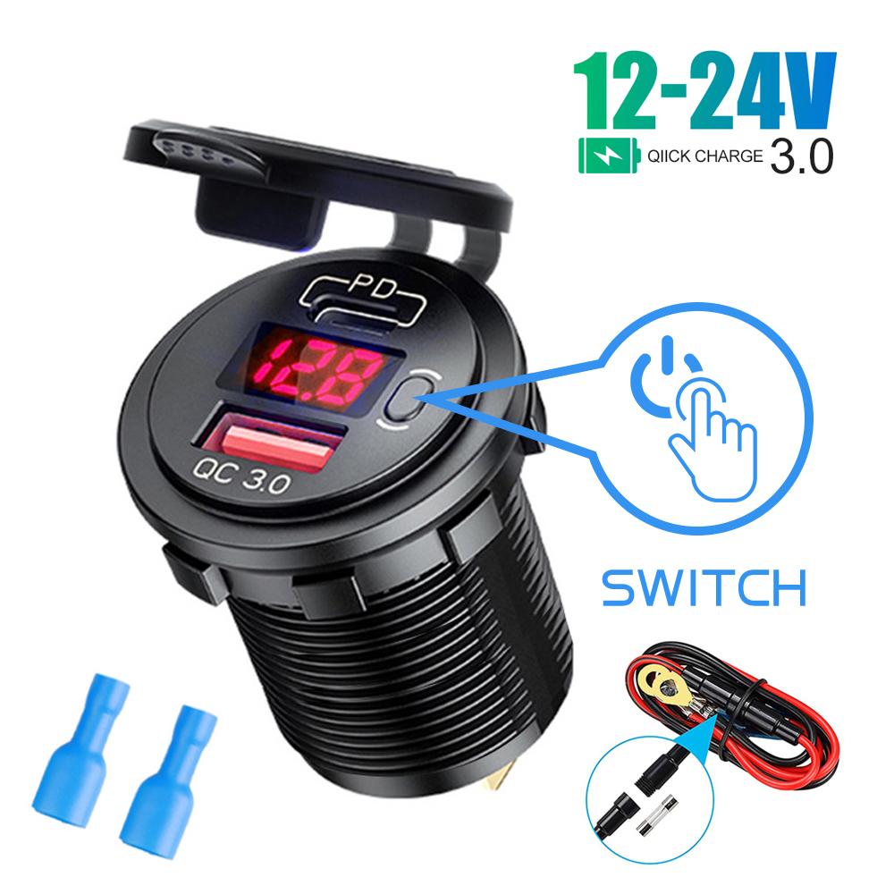 Автомобильное зарядное устройство, 12 В/24 В, 48 Вт, двухпортовая розетка USB Type C PD QC 3,0, быстрое зарядное устройство, автоматический светодиодный дисплей, вольтметр с переключателем вкл./выкл.