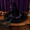 Decorative Halloween Hat Witch for Women, Large Black Velvet Wizard with Festive Holiday Headwear Mesh Ruffle Brim Adults Costume, Cosplay Party