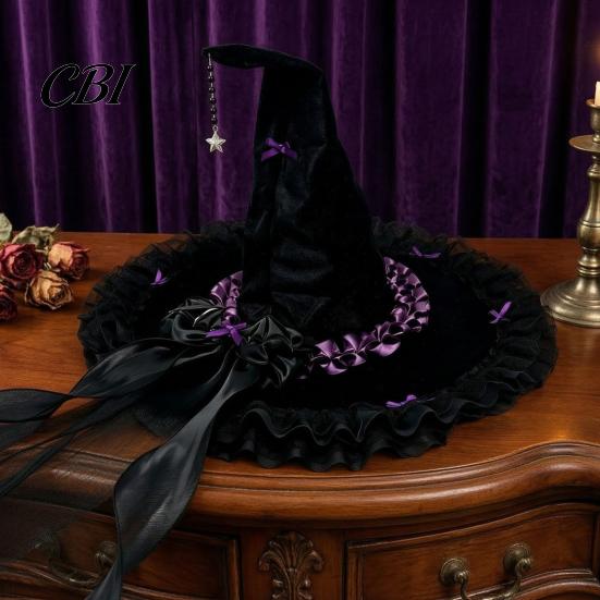 Decorative Halloween Hat Witch for Women, Large Black Velvet Wizard with Festive Holiday Headwear Mesh Ruffle Brim Adults Costume, Cosplay Party