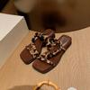Sheepskin Version Of Genuine Leather Two Wear French Wedge Heel Retro One-Word Slippers Women'S Summer Wear Temperament High Heels Cool Slippers