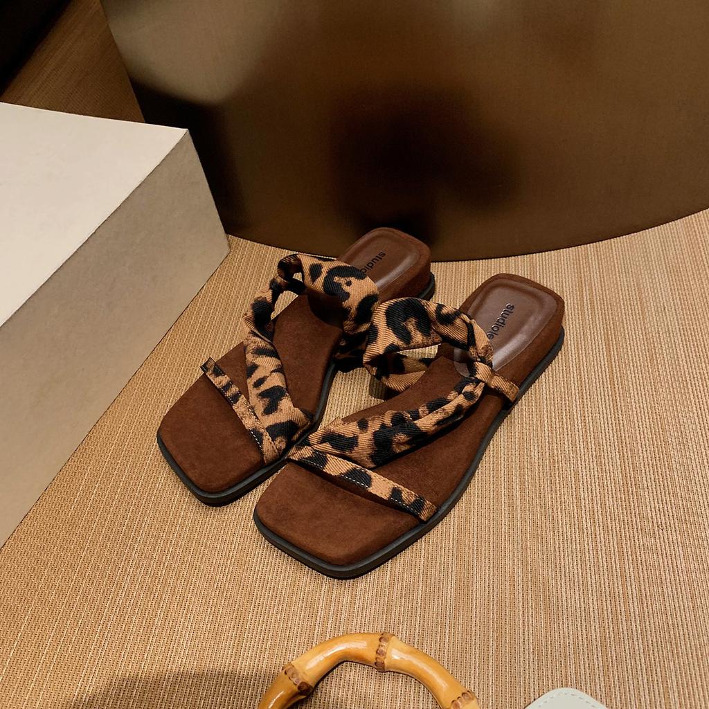 Sheepskin Version Of Genuine Leather Two Wear French Wedge Heel Retro One-Word Slippers Women'S Summer Wear Temperament High Heels Cool Slippers