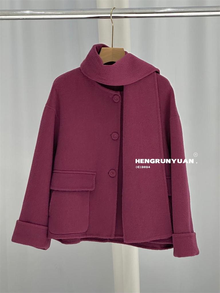 Women's Short Black Plum Purple Double-Sided Cashmere Wool Coat with Scarf Style, Korean Loose Fit