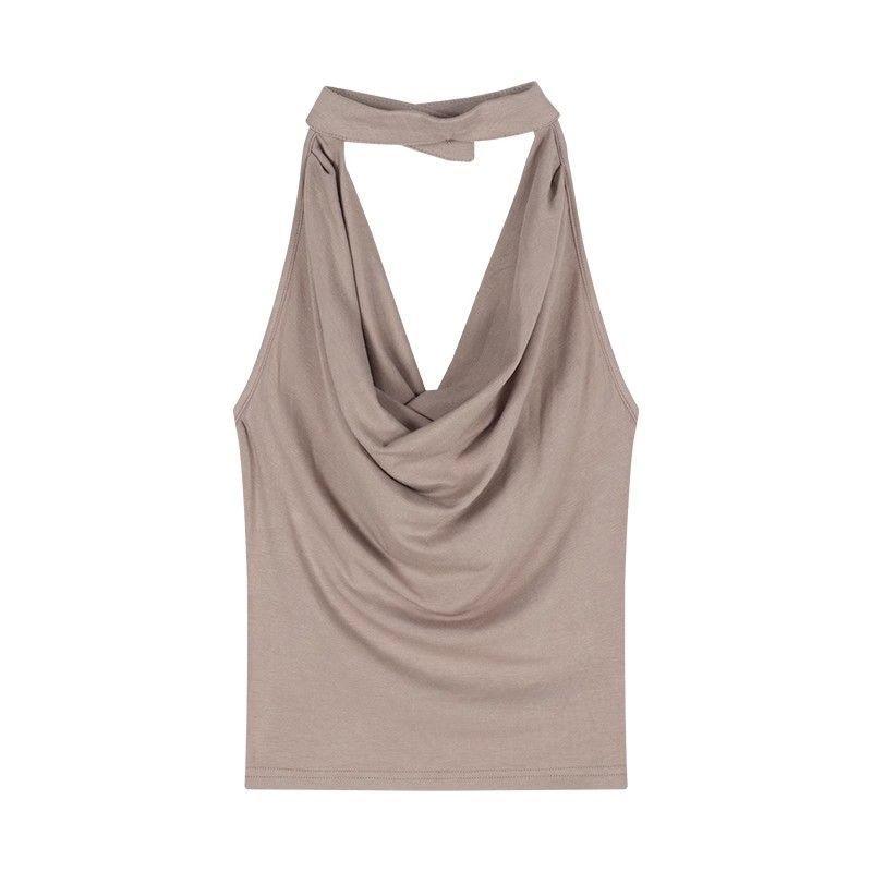 Хаки Топ-майка с открытой спиной, драпированным вырезом и завязками на шее - Женский летний топ без рукавов