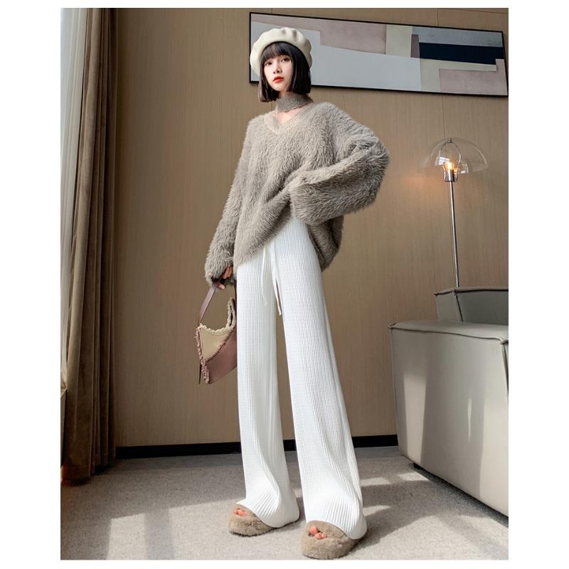 Модные осенне-зимние женские трикотажные брюки с широкими штанинами, новые свободные длинные брюки на шнурке с высокой талией, повседневные однотонные плиссированные брюки 2379